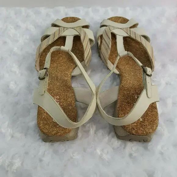 Skechers Womens 10 Sandals T-Strap Beige Striped Strappy Cork Footbed Comfort - Picture 7 of 10